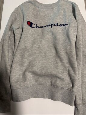 Champion Light Gray Crewneck Sweatshirt with Navy & Red Logo